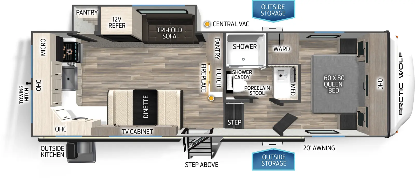 The 23MLE has one slideout and one entry. Exterior features outside storage, outside kitchen, step above entry step, 20 foot awning, and rear towing hitch. Interior layout front to back: foot-facing queen bed with overhead cabinet, and off-door side wardrobe; off-door side full bathroom with medicine cabinet, porcelain stool, and shower caddy; steps down to main living area and entry; hutch with fireplace below, central vacuum, and pantry along inner wall; off-door side slideout with tri-fold sofa, 12 volt refrigerator, and pantry; door side dinette with TV cabinet above; kitchen counter wraps from door side to rear with overhead cabinet, sink, cooktop and microwave.